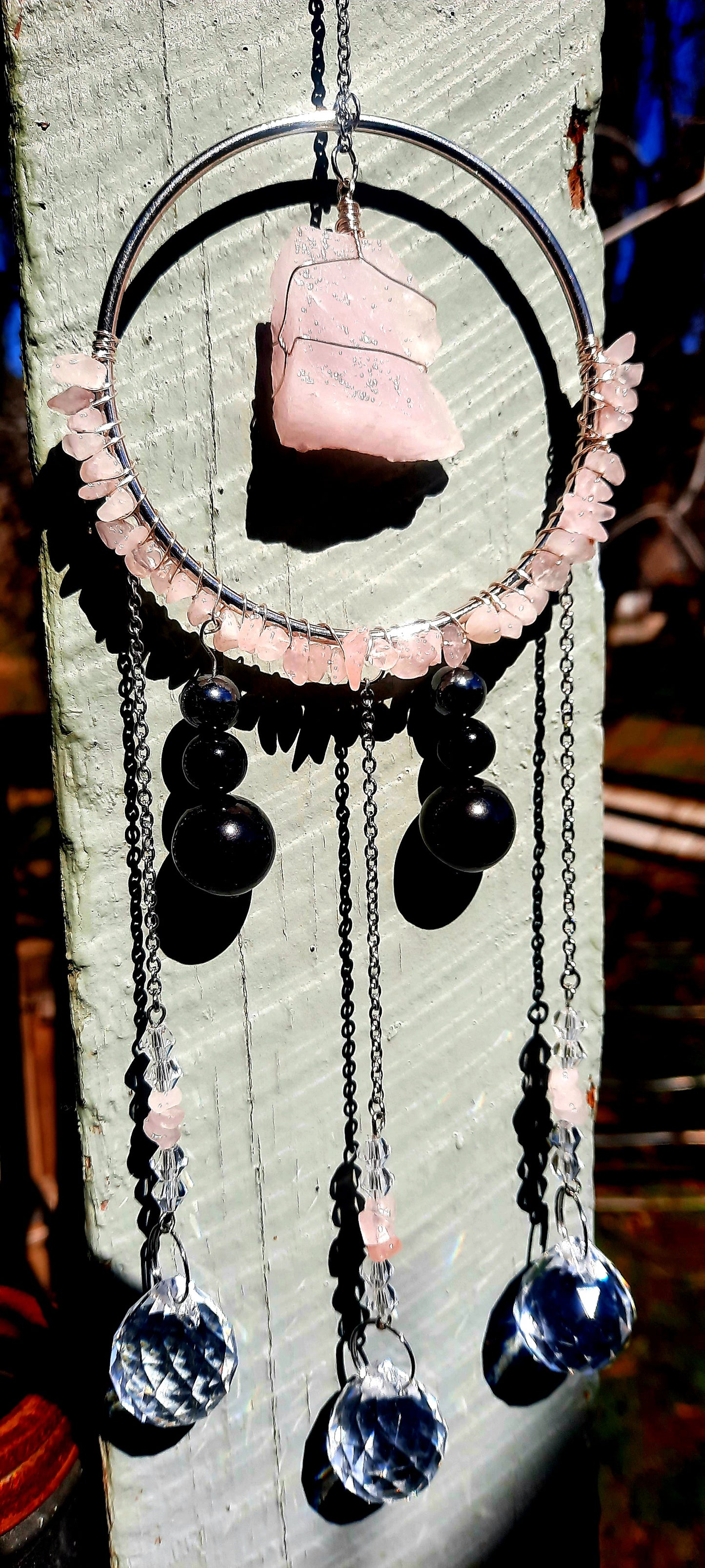 Raw Crystal EMF 5G Sun Catcher Wire Wrapped Room Protection with Shungite Hematite + Black Tourmaline