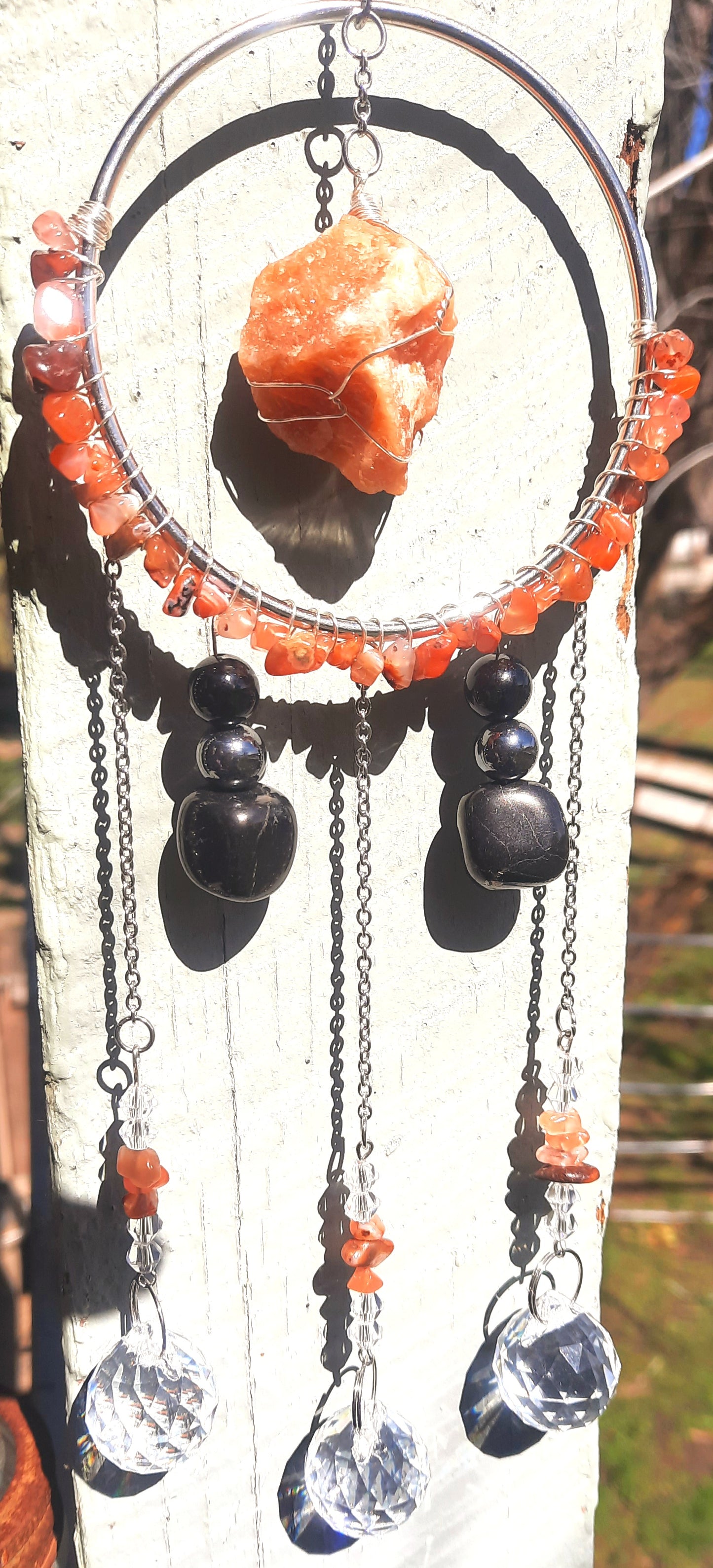 Raw Crystal EMF 5G Sun Catcher Wire Wrapped Room Protection with Shungite Hematite + Black Tourmaline