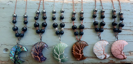 Crescent Moon Crystal Shungite Hematite Black Tourmaline Wire Wrapped Necklace
