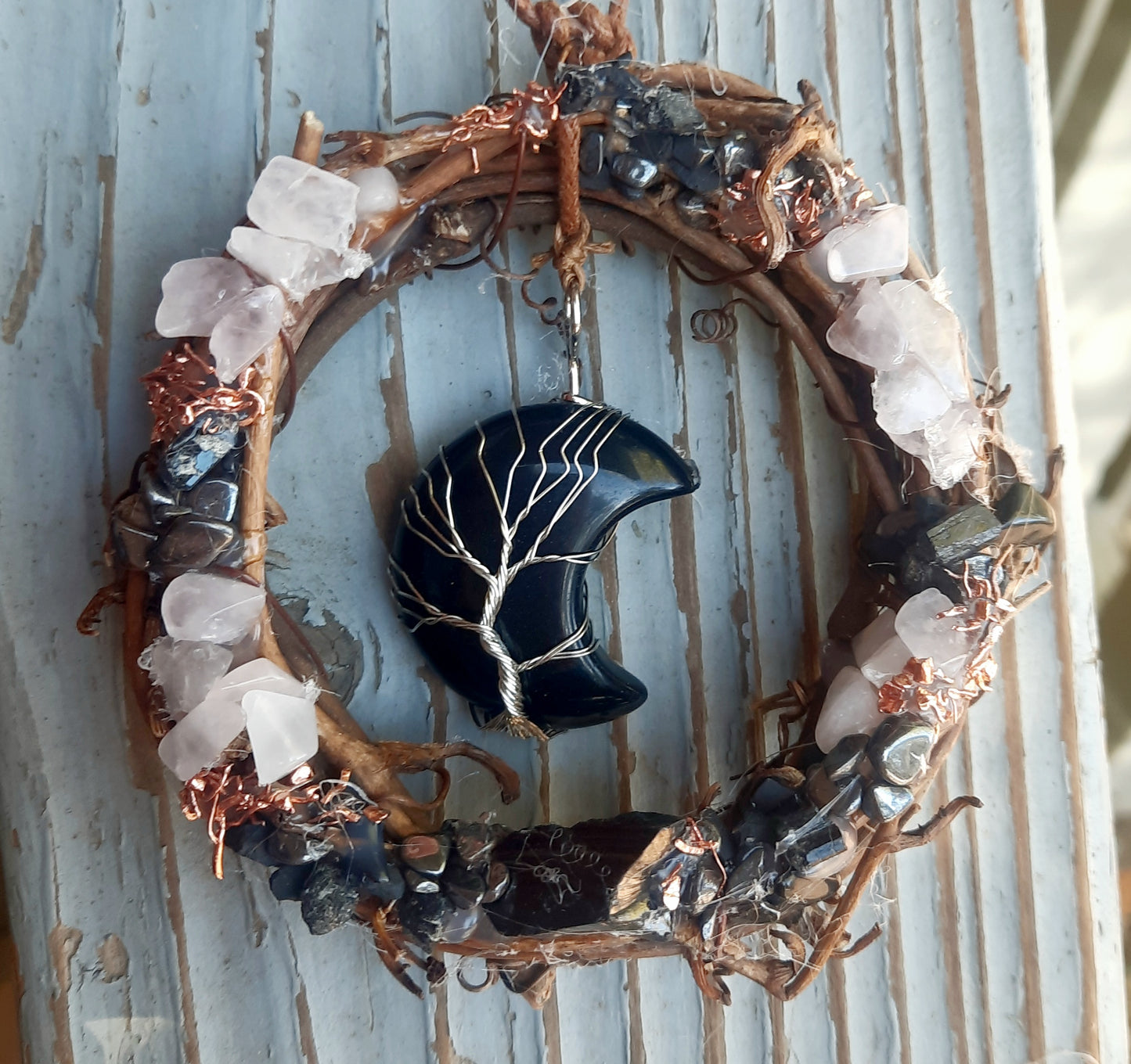 Chakra Crystal EMF 5G Sun Catcher Crescent Moon Room Protection with Shungite Hematite Tourmaline Rose Quartz