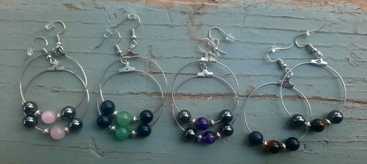 Shungite Black Tourmaline Hematite Earrings Silver Hoops