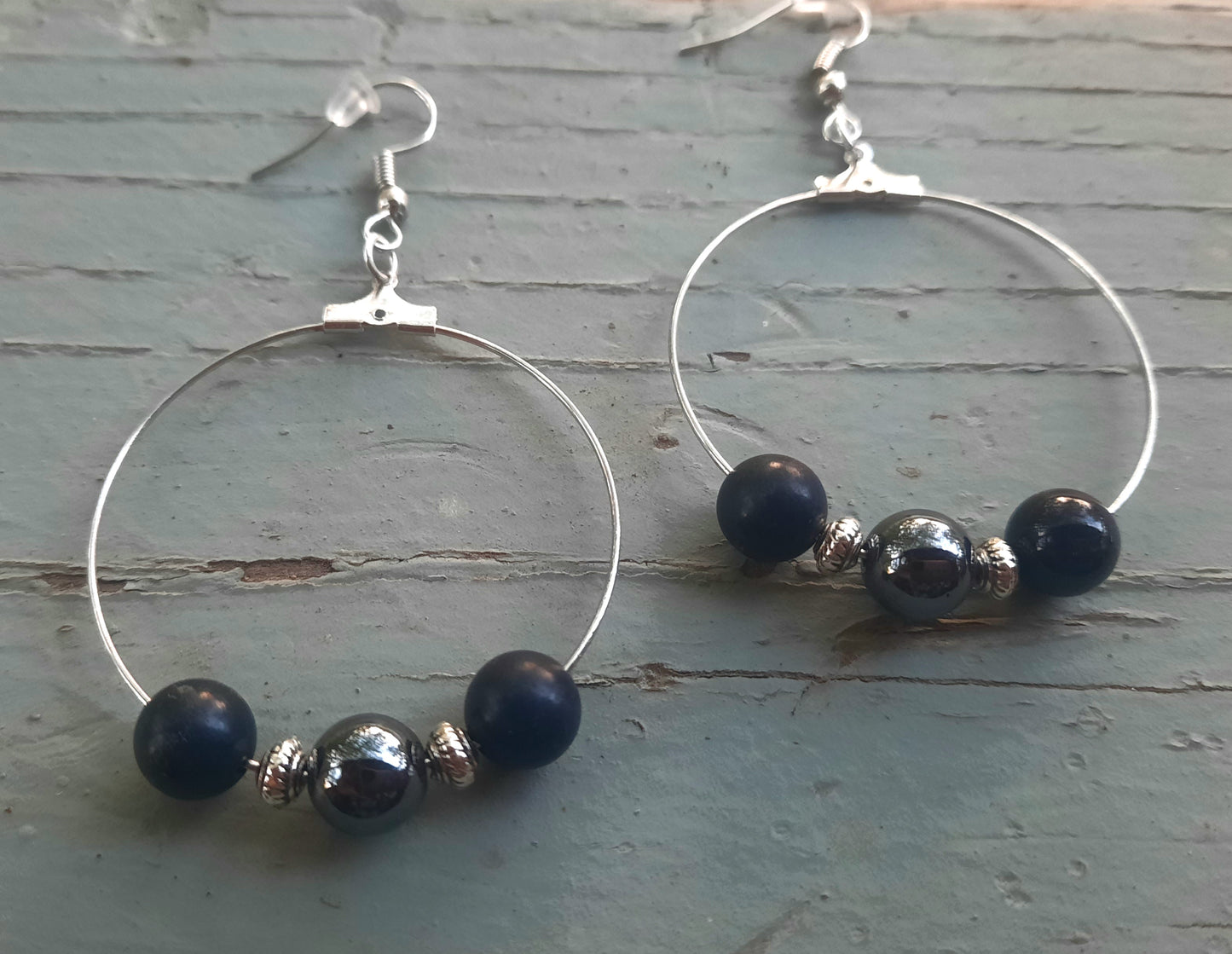 Shungite Black Tourmaline Hematite Earrings Silver Hoops