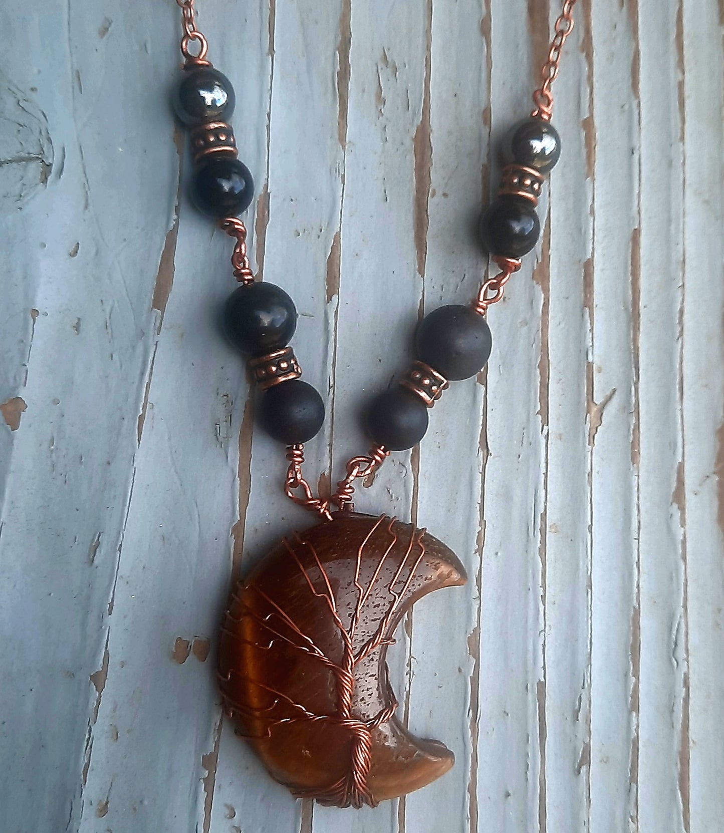 Crescent Moon Crystal Shungite Hematite Black Tourmaline Wire Wrapped Necklace
