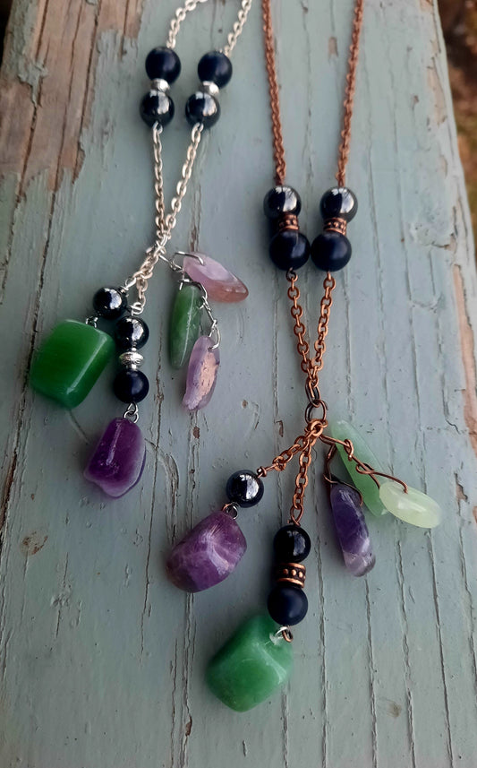 Crystal Chunky Dangle Amethyst & Aventurine: Shungite Hematite Black Tourmaline Necklace