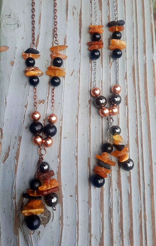 Healing Necklace - Shungite, Hematite, Black Tourmaline, Copper & Amber EMF 5G Protection