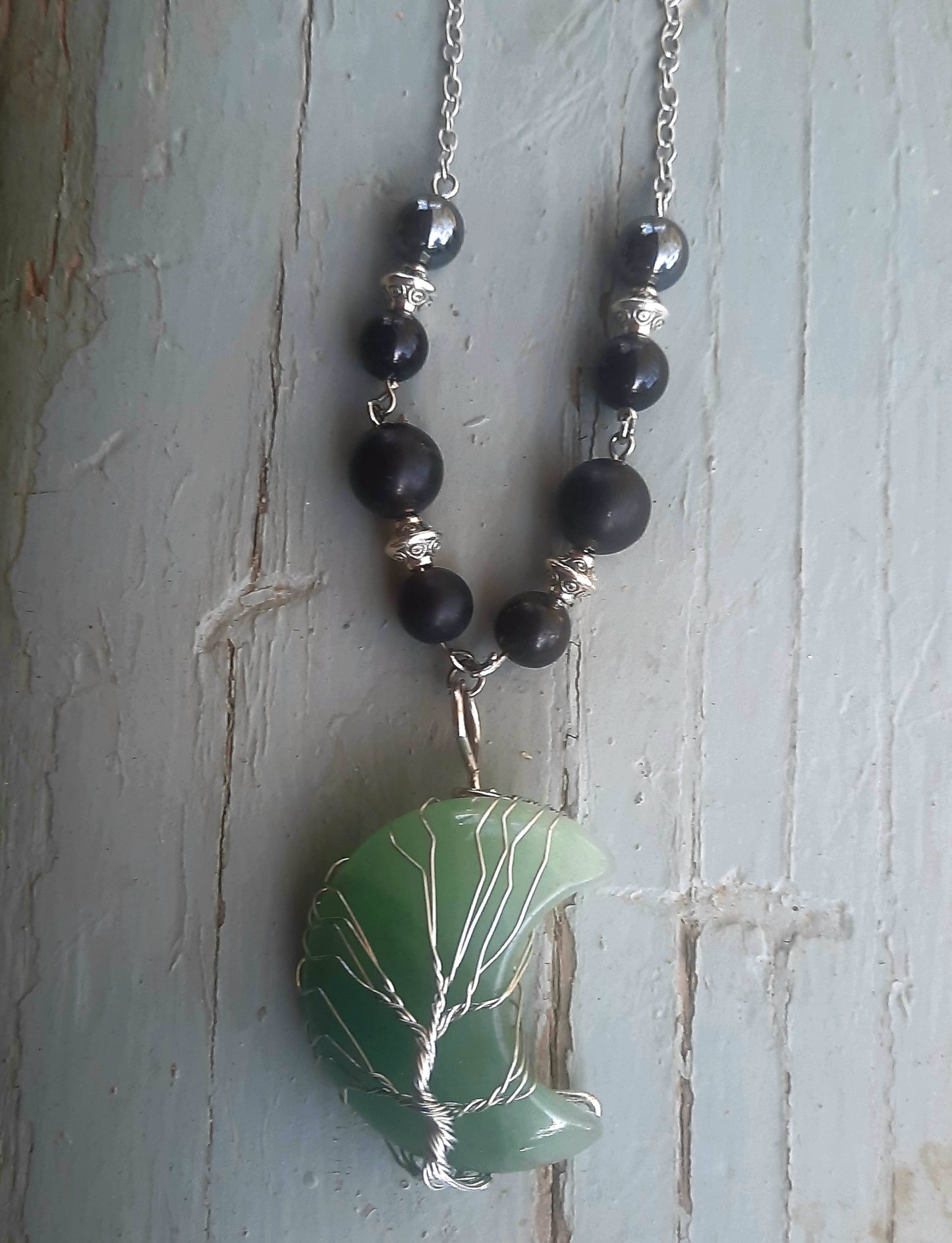 Crescent Moon Crystal Shungite Hematite Black Tourmaline Wire Wrapped Necklace