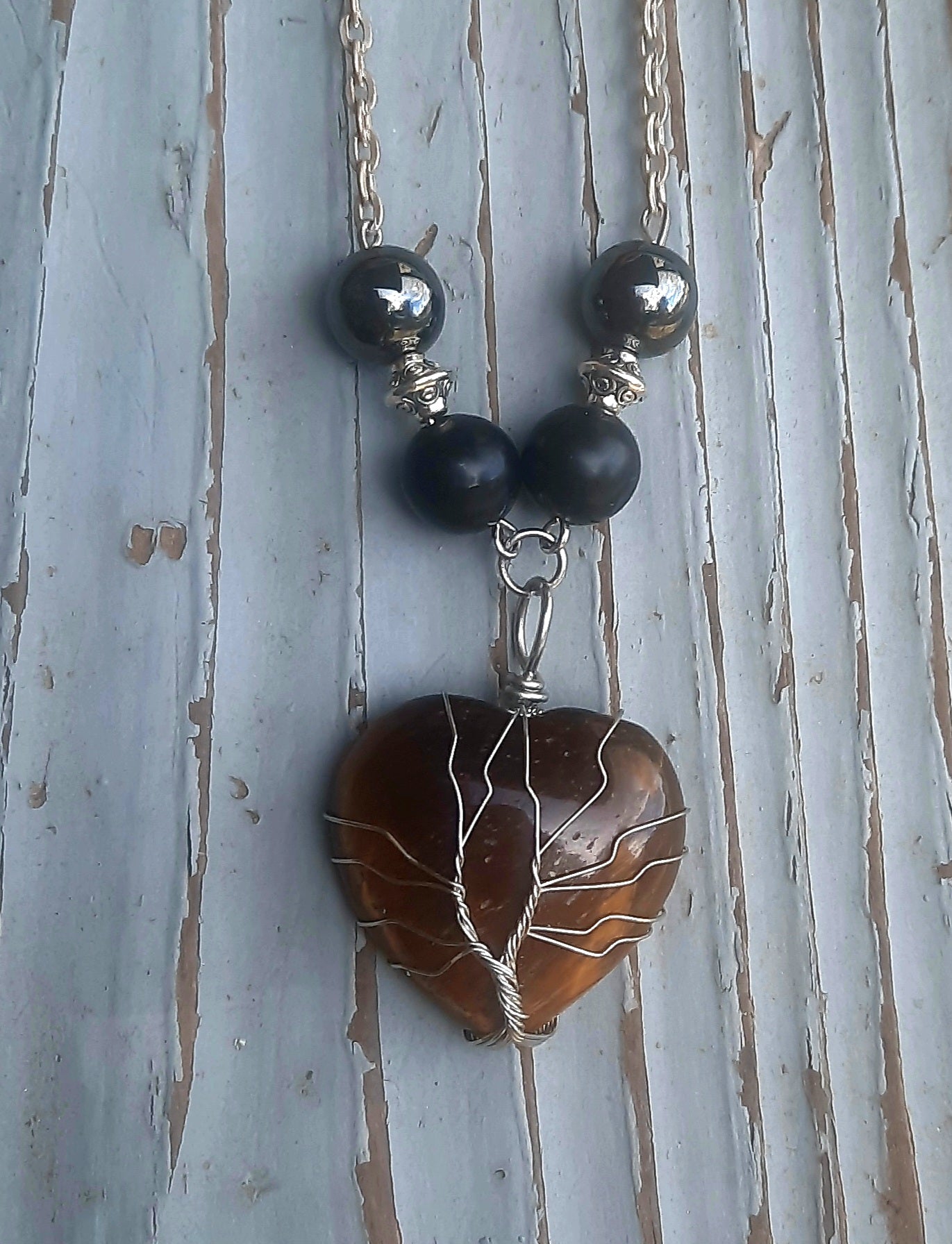Crystal Heart Shungite Hematite Black Tourmaline Wire Wrapped Necklace